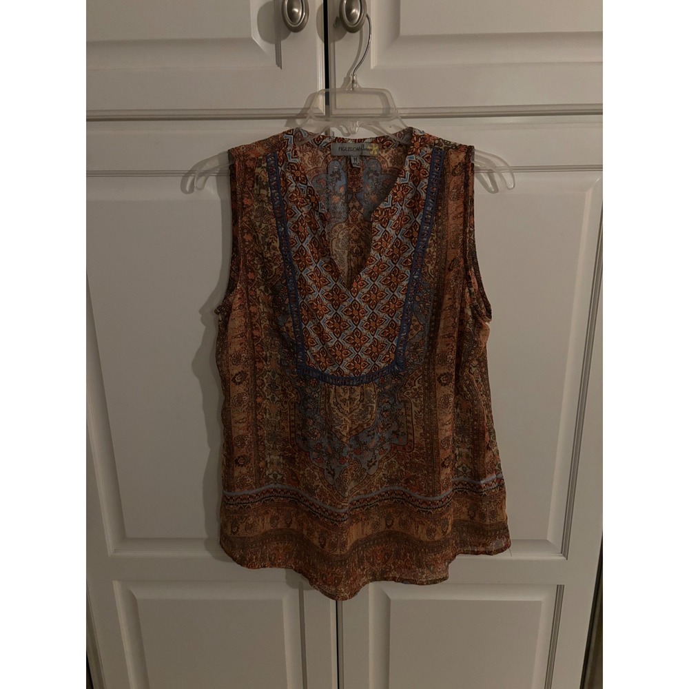 Figueroa & Flower Womens Boho Paisley Sleeveless Blouse Blue Orange Medium